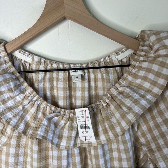 J Crew Seersucker ruffle neck mini dress Tan and White Tiered Gingham size 0 XS - Picture 5 of 12